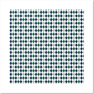 Green Silver Navy and White Argyle Pattern Diamond Checks Posters and Art